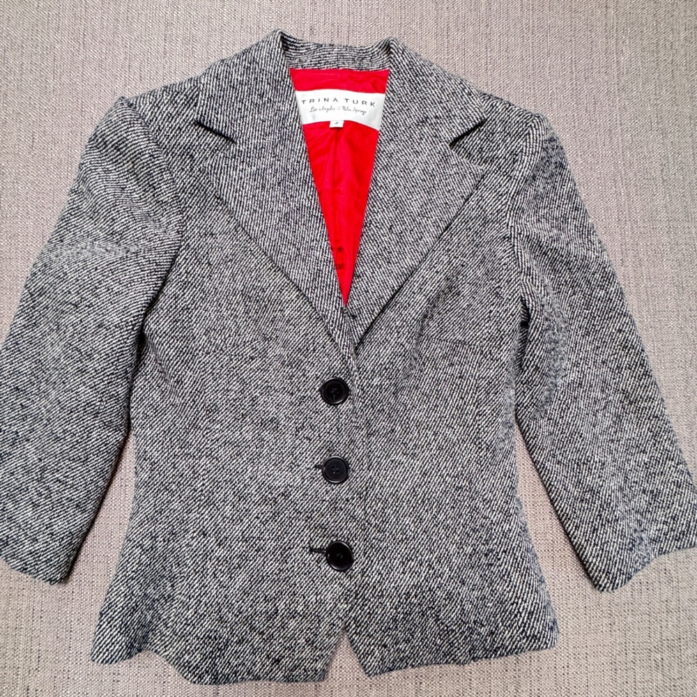 Trina Turk Womens Wool Blend Tweed Blazer Jacket Black White Red Lining Size 4
